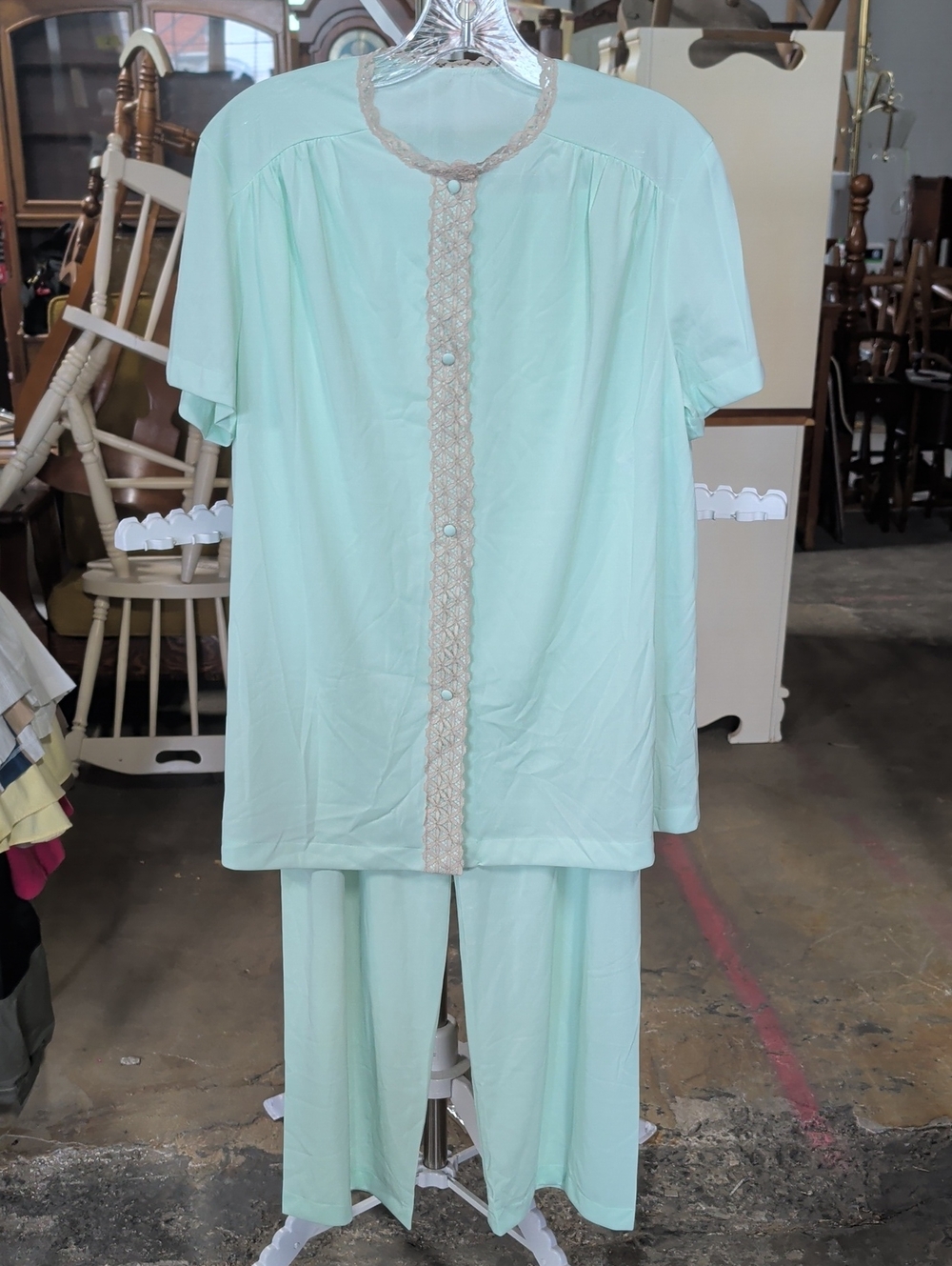 1970s Vanity Fair Pastel Mint Tricot Nylon 2-Piece Pajama Set
